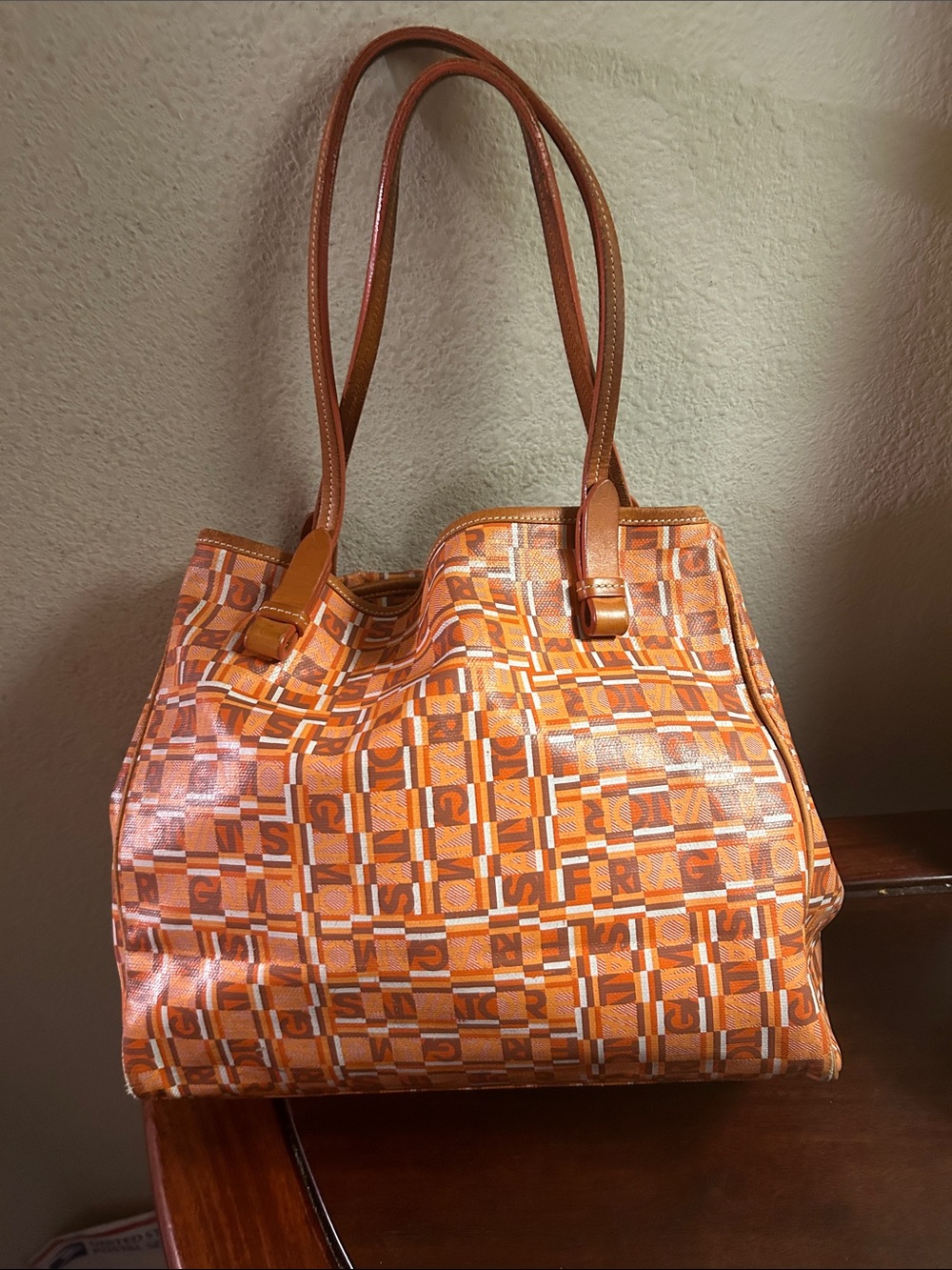 Ferragamo Orange Patterned Tote Bag with Tan Handles